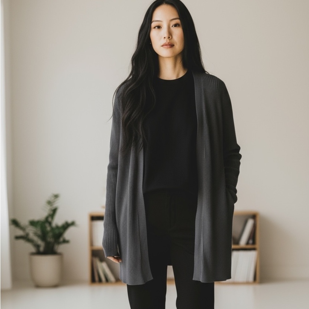 Eileen Fisher Tencel Ribbed Cardigan Charcoal Grey Open Front Large Petite